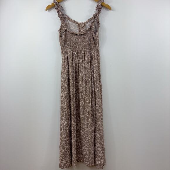 Women’s Animal Print Dress Tan Small Ruched Ruffle Sleeveless Lightweight Maxi - Picture 3 of 6